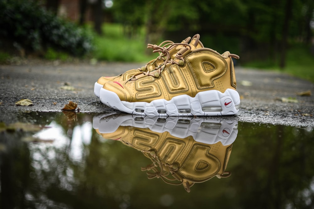 unpaarter goldener und weißer Nike-Schuh in der Nähe von Bäumen