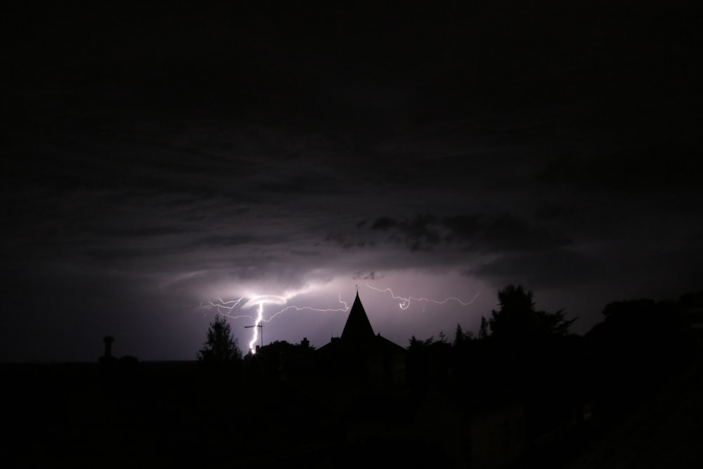 fulmini colpiscono il terreno vicino all'edificio di notte