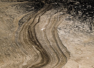 The image features a detailed pattern of natural rock formations with parallel lines and layered textures. Shades of brown, beige, and black give the surface a rugged, weathered look, with visible variations in color due to sedimentation.