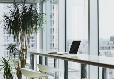 inside a corporate office with clean, floor to ceiling windows with a view of corporate buildings