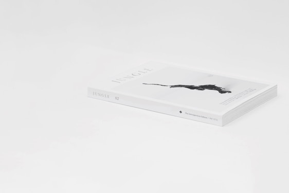 A sleek magazine lies on a white surface, titled 'Jungle 02.' The cover features an artistic black silhouette of a panther. It has a minimalist design with a focus on white space around the edges.