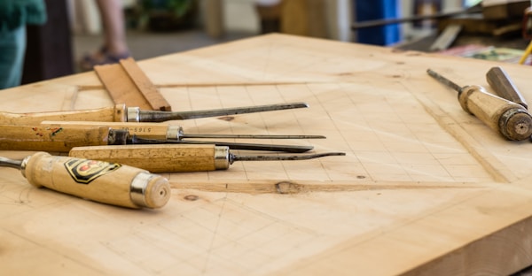 Interior of woodworking workshop with lathe and bench