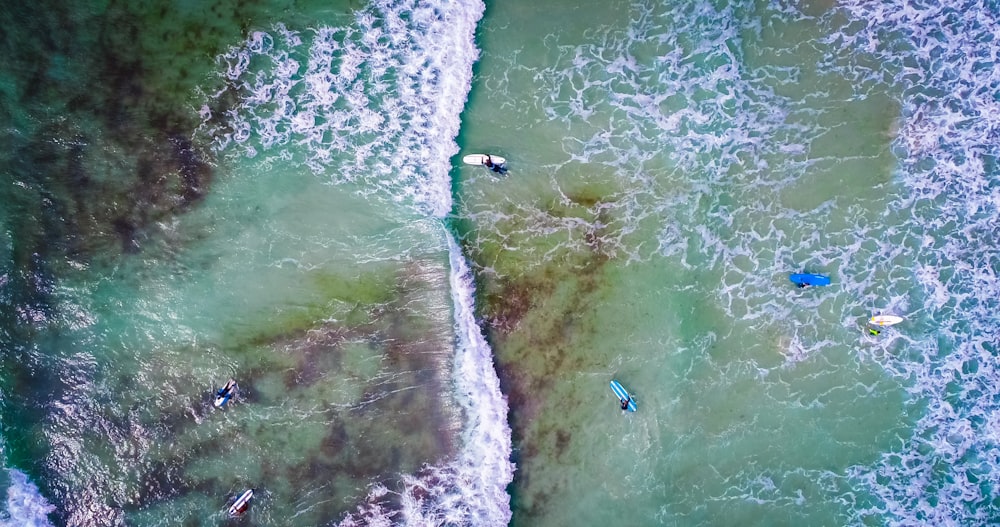 fotografia aerea di tavole da surf sull'onda dell'oceano durante il giorno