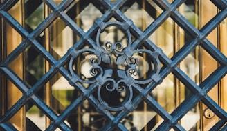An intricate wrought iron grille with a decorative floral pattern is seen in a close-up view. The grille features diagonal lines forming diamond shapes, and a central ornate design with scrollwork. Behind the grille, there is a glimpse of a reflective golden surface, possibly a door or window.