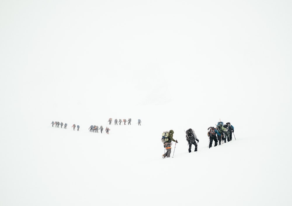 눈 덮인 산에서 하이킹하는 등산객 그룹