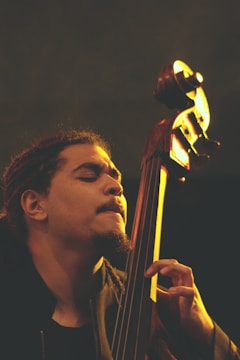 A person with closed eyes is playing a double bass with intense concentration. The lighting casts warm tones, emphasizing the details of the instrument and the musician's expression.