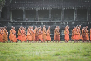 A group of Buddhist monks dressed in vibrant orange robes walk in a procession across a lush green field. The backdrop features an ancient stone structure with arches, showing signs of historical architecture and wear.