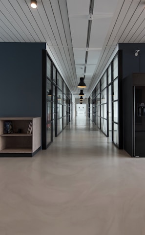 architectural photography of black and brown hallway