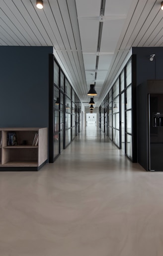 architectural photography of black and brown hallway