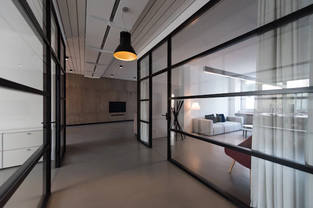 Slim Frame Glazed Wall — commercial glass partition interior design