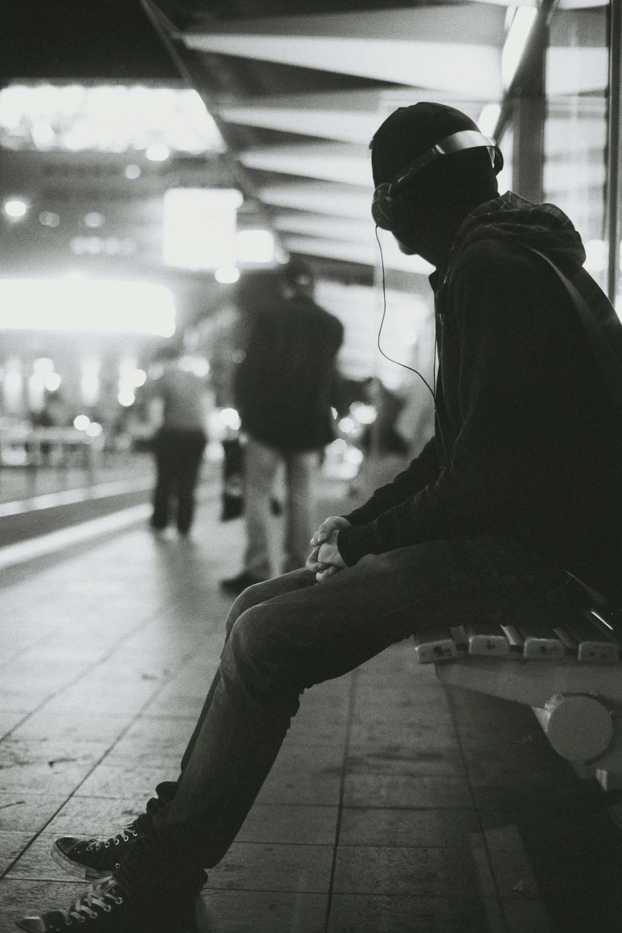 Listener with headphones