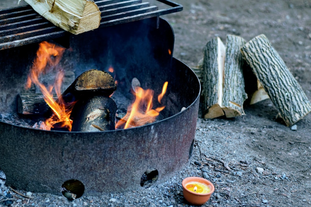 burning firewoods on grille