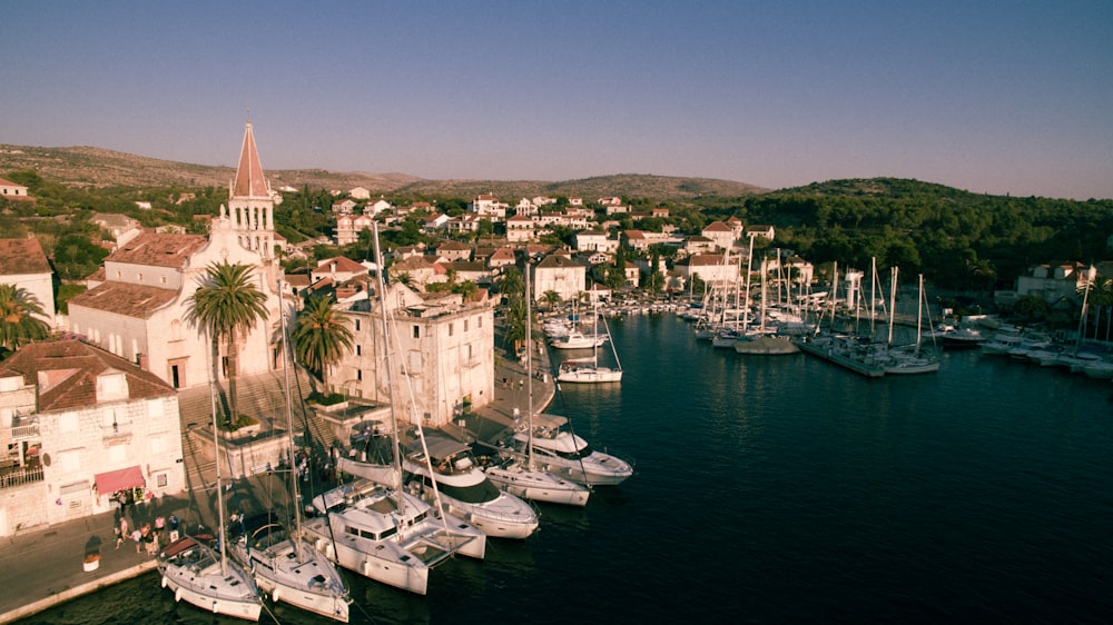 a group of boats are docked in a harbor