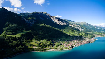 landscape photography of mountains surrounded by body of water
