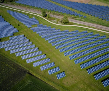 aerial photography of grass field with blue solar panels