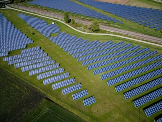 aerial photography of grass field with blue solar panels