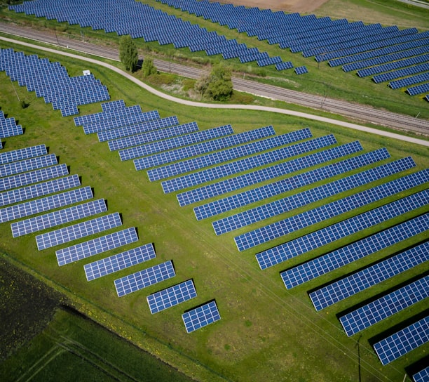 aerial photography of grass field with blue solar panels