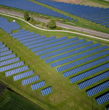 aerial photography of grass field with blue solar panels