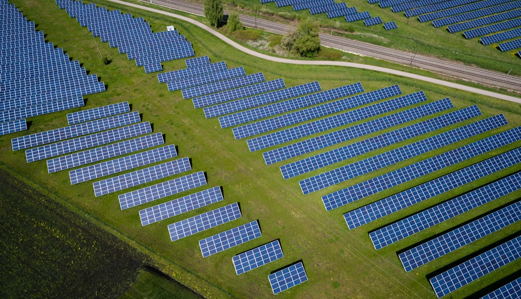 aerial photography of grass field with blue solar panels