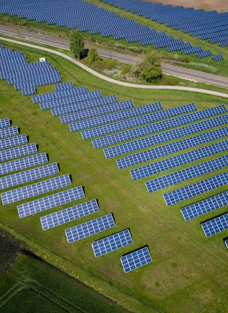 aerial photography of grass field with blue solar panels