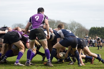 A rugby match scene with players engaged in a scrum on a grassy field. The participants wear jerseys and shorts in varying colors, primarily purple and blue, each with the number '9' visible on their jerseys. Other players and spectators can be seen in the background with trees lining the horizon.