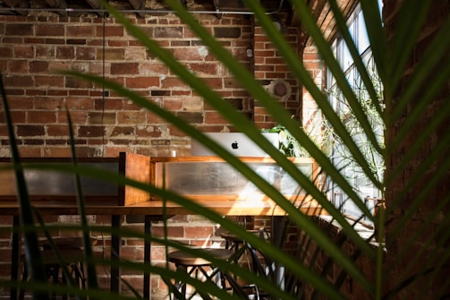 A welcoming rustic farm office with a wooden desk and a laptop, surrounded by greenery and farm animals in the background.