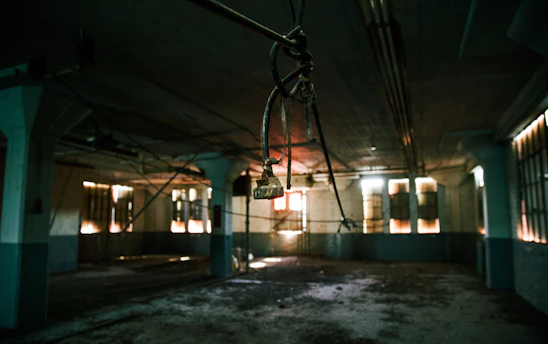 A dimly lit, abandoned theater space with scattered debris and faint shadows suggesting past performances.