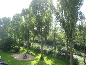 Children playing happily in a safe community space surrounded by lush greenery.