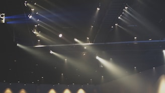 A dark theater or concert hall ceiling with numerous spotlights casting beams of light in various directions. The lights create a dramatic array of rays, some of which highlight particles in the air, contributing to the ambient atmosphere.