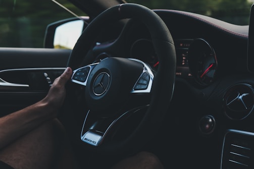 person holding on black steering wheel inside car