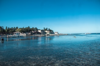 Several people engage in activities along a beach with clear, shallow water. Small boats can be seen near the shore and houses are nestled among lush palm trees in the background under a bright, clear sky.