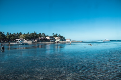 Several people engage in activities along a beach with clear, shallow water. Small boats can be seen near the shore and houses are nestled among lush palm trees in the background under a bright, clear sky.