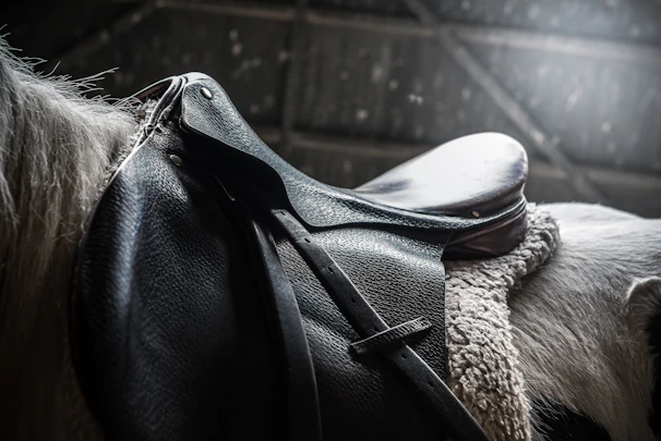 A detailed shot of polished riding boots and reins resting on a champagne gold saddle, emphasizing craftsmanship and luxury.