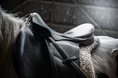 A close-up of a beautifully crafted leather saddle resting on a wooden fence in a sunlit stable.