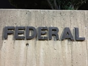 The image displays the word 'FEDERAL' in large, bold, three-dimensional letters affixed to a textured concrete wall. The surface of the wall is rough, with visible pebbles and indentations. Above the letters, parts of leafy tree branches are visible.