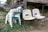 A group of stacked plastic chairs, mostly white and green, with two metal-legged chairs chained separately. The chairs are placed outdoors on a grassy area next to a wooden building or deck. The surroundings appear a bit overgrown and rustic.