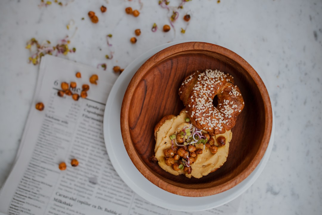 doughnut in round brown wooden tray, Lunch