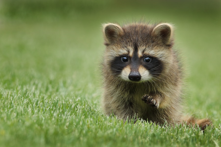 Raccoon peering out from a residential area in Denver Colorado