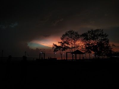 A fiery sunset casting long shadows over a makeshift wooden shelter.