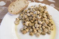 A joyful family gathered around a table in London, sharing a meal featuring snail dishes.