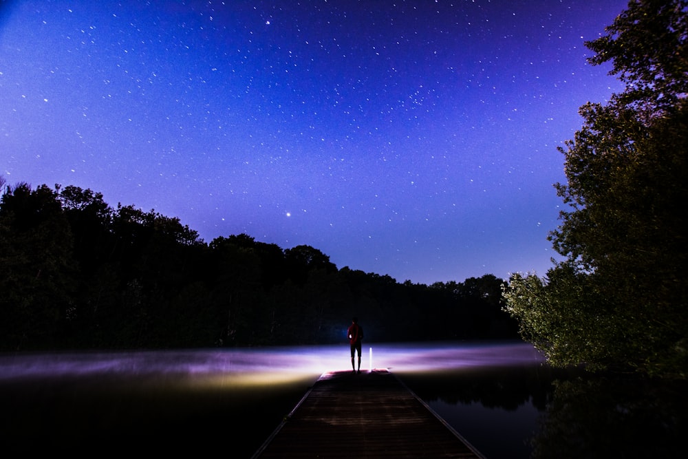 silhouette of person facing purple body of water