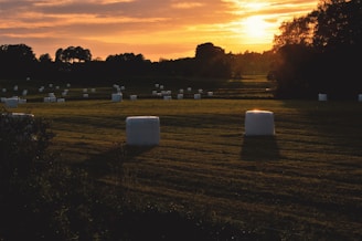 A stack of neatly arranged hay bales in a golden field at sunset.