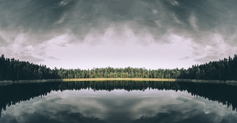 body of water surrounded by trees under the cloudy sky