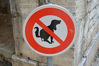 A circular sign with a white background and a red border, featuring a black silhouette of a dog squatting with a red diagonal line through it, indicating a prohibition. The sign is mounted on a metal pole against a stone wall background.