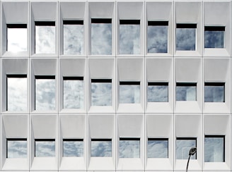 Aluminum window with a matte finish reflecting the sunlight in an urban setting.