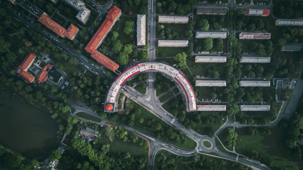 aerial view of buildings and trees