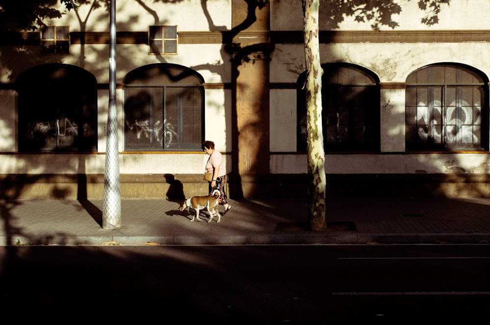 boy walking in the street with dog