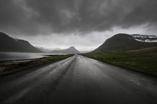 road between grass lawn and mountain in Westfjords Region Iceland