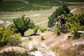 A cyclist wearing a helmet and protective gear is airborne while riding a mountain bike over a dirt trail. The background features lush green bushes and trees, with the landscape extending into distant grassy fields.