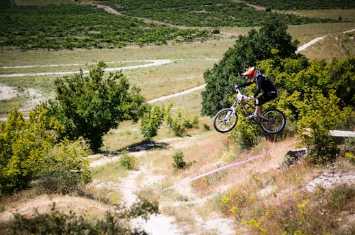 A cyclist wearing a helmet and protective gear is airborne while riding a mountain bike over a dirt trail. The background features lush green bushes and trees, with the landscape extending into distant grassy fields.
